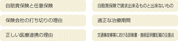 自賠責保険と任意保険、自賠責保険で請求出来るものと出来ないもの、保険会社の打ち切りの理由、適正な治療期間、正しい医療連携の理由、交通事故事案における診断書・施術証明書記載の注意点